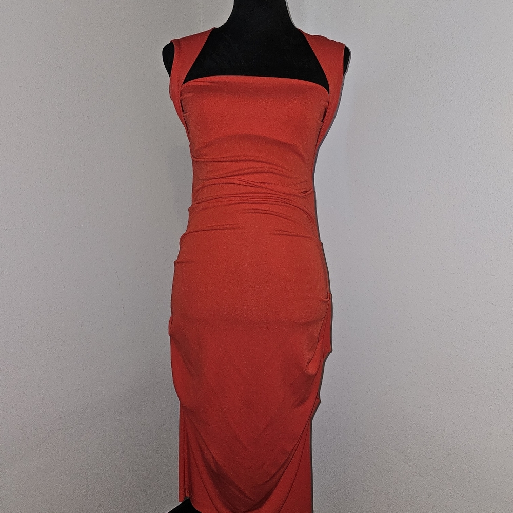 Nicole Miller Square Neck Ruched Dress in Red Orange